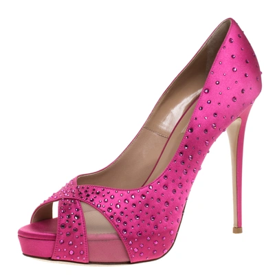 Pre-owned Valentino Garavani Pink Crystal Embellished Satin Peep Toe Platform Pumps Size 40