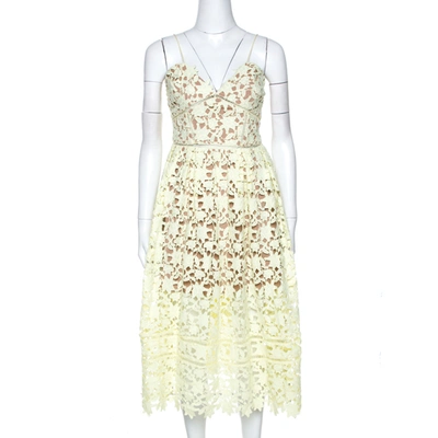 Pre-owned Self-portrait Self Portrait Pale Yellow Floral Guipure Lace Azaelea Midi Dress L