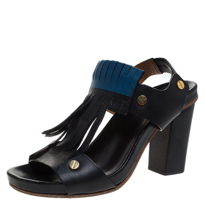 Pre-owned Chloé Black Leather Fringes Block Heel Sandals Size 39.5