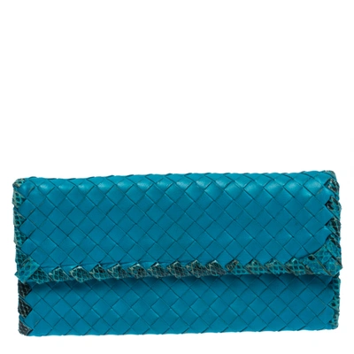 Pre-owned Bottega Veneta Blue Leather And Snakeskin Trim Flap Wallet