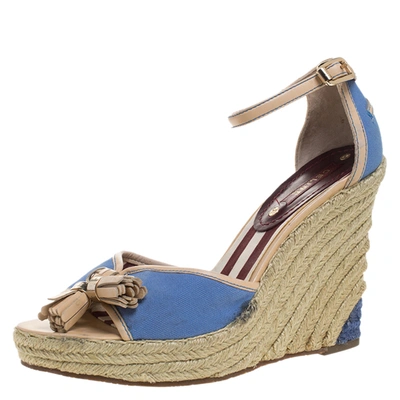 Pre-owned Celine Blue Canvas And Beige Leather Tassel Espadrille Wedge Platform Ankle Strap Sandals Size 38