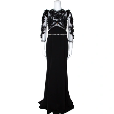 Pre-owned Dolce & Gabbana Black Crystal Embellished Sheer Tulle Paneled Gown M