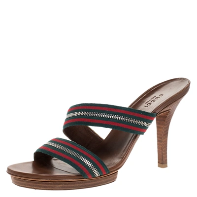 Pre-owned Gucci Tricolor Cross Zip Web Canvas Slide Sandals Size 37.5 In Multicolor