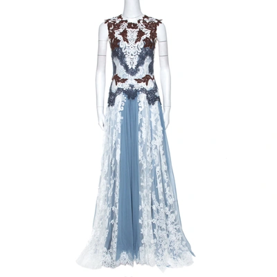 Pre-owned Dolce & Gabbana Powder Blue Silk And Lace Paneled Sleeveless Gown S In Multicolor