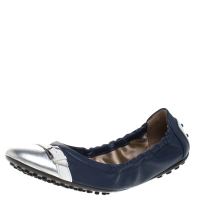 Pre-owned Tod's Blue/silver Leather Cap Toe Scrunch Ballet Flats Size 36.5