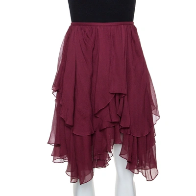 Pre-owned Chloé Chlo&eacute; Burgundy Georgette Silk Asymmetric Layered Mini Skirt M