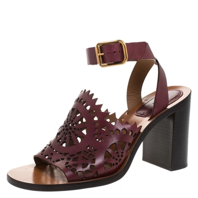 Pre-owned Chloé Burgundy Leather Laser Cut Block Heel Ankle Strap Sandals Size 39