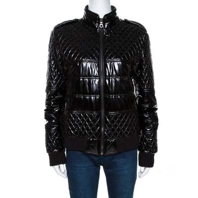 Pre-owned Chanel Black Quilted Rib Knit Trim Bomber Jacket L