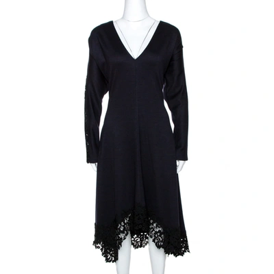 Pre-owned Chloé Chlo&eacute; Navy Blue Stretch Wool Lace Trim Flared Midi Dress M