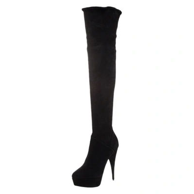 Pre-owned Miu Miu Black Suede Over The Knee Platform Boots Size 39