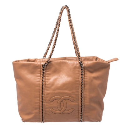 Pre-owned Chanel Tan Leather Medium Modern Chain Tote In Brown
