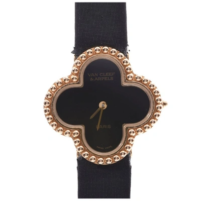 Pre-owned Van Cleef & Arpels Black Yellow Gold And Satin Alhambra Women's Wristwatch 25mm