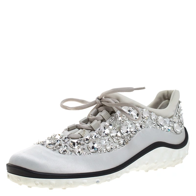 Pre-owned Miu Miu Grey Embellished Satin And Mesh Astro Sneakers Size 40.5