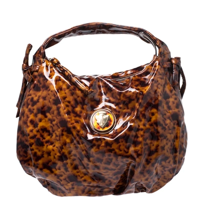 Pre-owned Gucci Tortoise Shell Patent Vinyl Hysteria Hobo In Brown