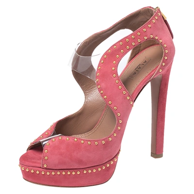 Pre-owned Alaïa Azzedine Alaia Pink Suede And Pvc Studded Peep Toe Platform Sandals Size 38