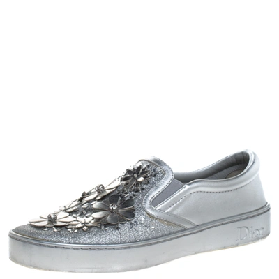 Pre-owned Dior Happy Floral Embellished Slip On Sneakers Size 36.5 In Silver