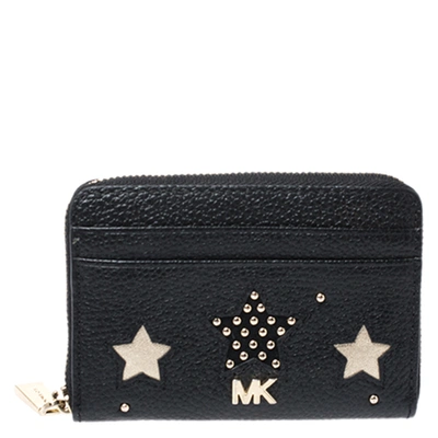 Pre-owned Michael Kors Black Studded Leather Star Zip Around Coin Purse