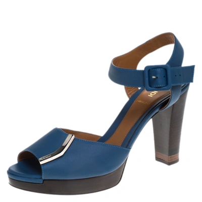 Pre-owned Fendi Blue Leather Metal Logo Embellished Open Toe Platform Block Heel Ankle Strap Sandals Size 40