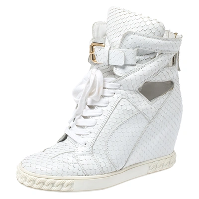 Pre-owned Casadei White Python Embossed Leather Wedge Cut Out Chain Motif Buckle Ankle Boots Size 40