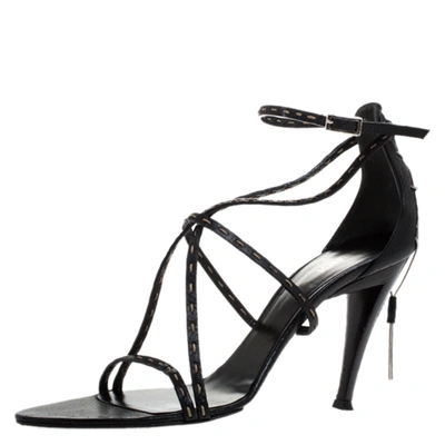 Pre-owned Fendi Black Leather White Stitch And Metal Chain Detail Strappy Sandals Size 39.5