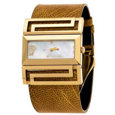 Pre-owned Versace Mother Of Pearl Gold Plated Stainless Steel Leather Beauville Vsq90 Women's Wristwatch 38 Mm In Brown