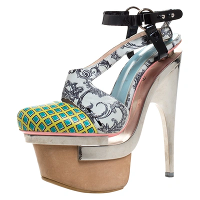 Pre-owned Versace Multicolor Printed Leather Triple Metal Heel Ankle Strap Sandals Size 39