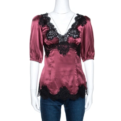 Pre-owned Dolce & Gabbana Burgundy Silk Satin Lace Trim Blouse M