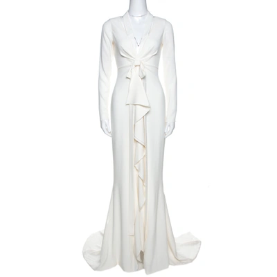 Pre-owned Oscar De La Renta Off White Crepe Cutout Detail Ruffled Gown S