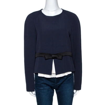 Pre-owned Chloé Navy Blue Crepe Pleated Trim Bow Detail Blouse M