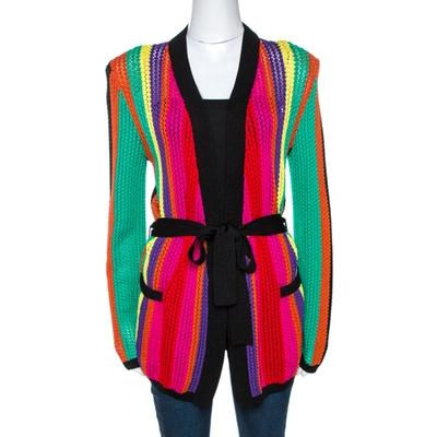 Pre-owned Balmain Multicolor Stripe Open Knit Belted Cardigan M