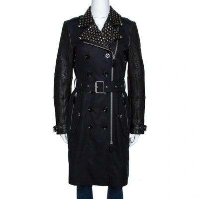 Pre-owned Burberry Brit Black Leather Trim Studded Trench Coat S