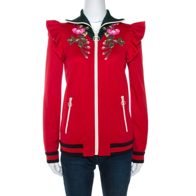 Pre-owned Gucci Red Floral Embroidered Ruffled Detail Technical Jacket S