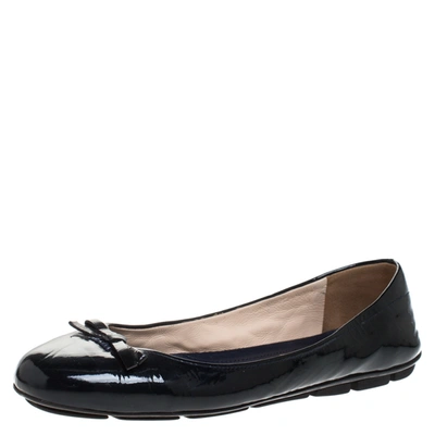 Pre-owned Prada Dark Blue Patent Leather Bow Ballet Flats Size 39