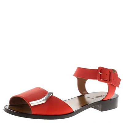 Pre-owned Fendi Orange Leather Ankle Strap Flat Sandals Size 36