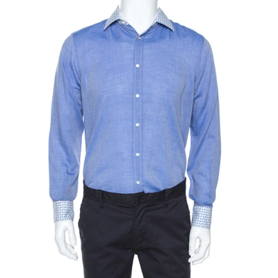 Pre-owned Etro Blue Chambray Cotton Printed Collar Long Sleeve Shirt M