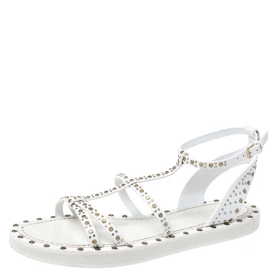 Pre-owned Burberry White Studded Leather Hansel T-strap Flat Sandals Size 39.5