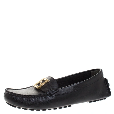 Pre-owned Fendi Black Saffiano Leather Logo Loafers Size 36