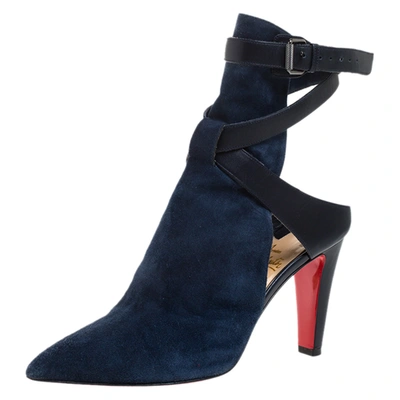 Pre-owned Christian Louboutin Blue Suede And Leather Ankle Boots Size 37.5