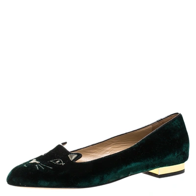 Pre-owned Charlotte Olympia Dark Green Velvet Kitty Embroidered Satin Flats Size 36.5