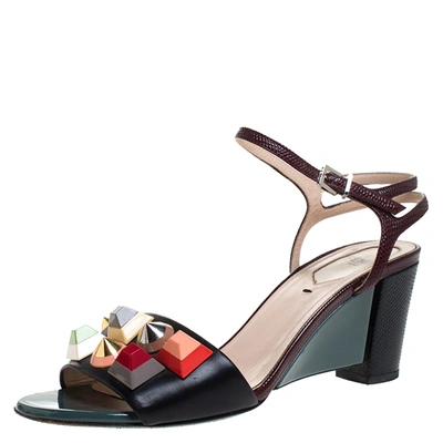 Pre-owned Fendi Multicolor Lizard Embossed And Leather Fantasia Studded Ankle Strap Sandals Size 37.5
