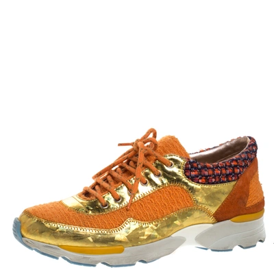 Pre-owned Chanel Multicolor Tweed Suede And Metallic Leather Lace Up Trainers Size 37