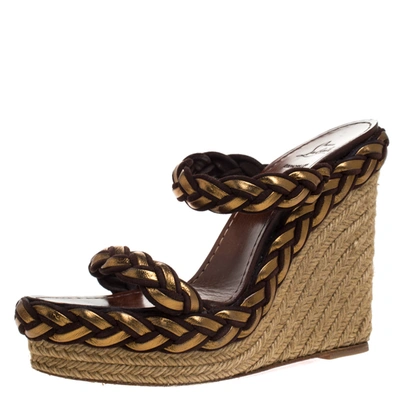 Pre-owned Christian Louboutin Gold/brown Leather And Suede Braided Espadrille Wedge Sandals Size 40