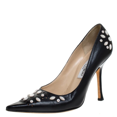Pre-owned Jimmy Choo Black Embellished Leather Perforated Toe Pumps Size 40