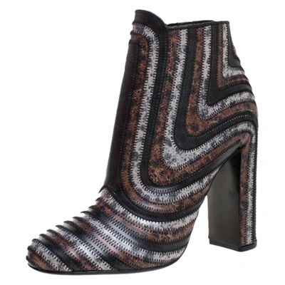 Pre-owned Ferragamo Multicolor Leather Feeling Zig Zag Block Heel Ankle Boots Size 39.5 In Black