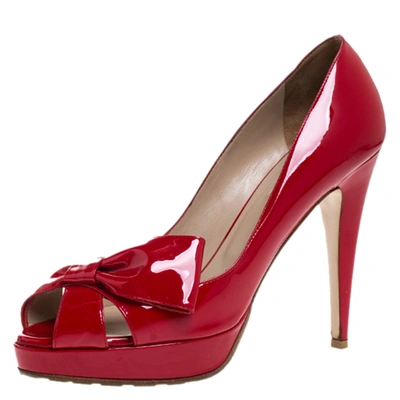 Pre-owned Valentino Garavani Red Patent Leather Bow Open Toe Platform Pumps Size 40