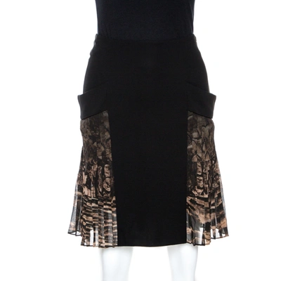 Pre-owned Roberto Cavalli Black Crepe Pleated Print Panel Detail Skirt S