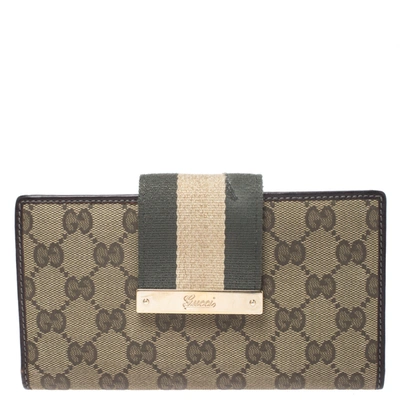 Pre-owned Gucci Beige/green Gg Canvas Web Continental Wallet