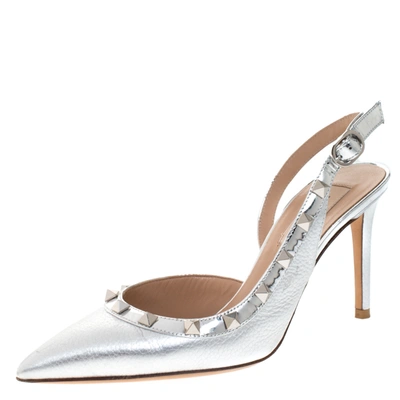 Pre-owned Valentino Garavani Metallic Silver Leather Rockstud D'orsay Slingback Pointed Toe Sandals Size 36.5