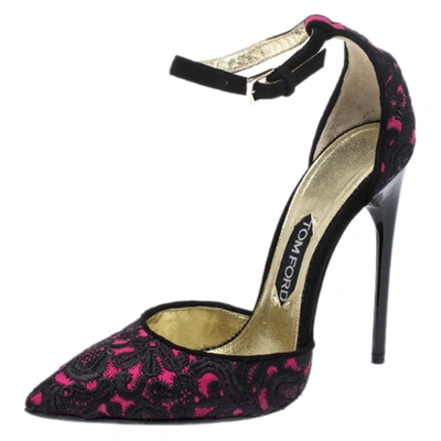 Pre-owned Tom Ford Pink/black Embroidered Suede D'orsay Pointed Toe Ankle Strap Pumps Size 38.5