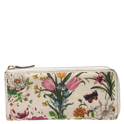 Pre-owned Gucci Off White Floral Printed Canvas Zip Around Wallet